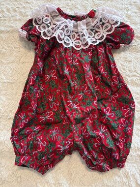 Vintage Piccolo Christmas Candy Cane Bubble Romper Lace Collar 6-9M